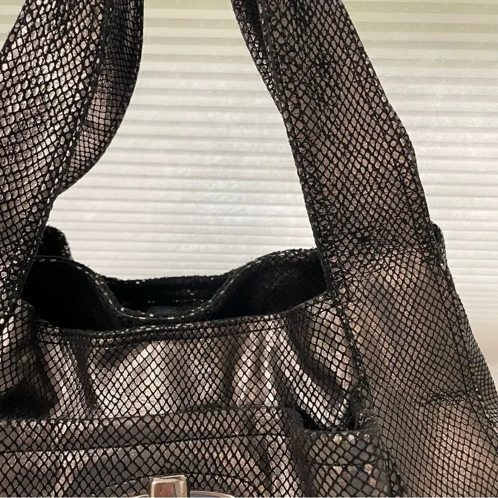 B. Makowsky Hobo Purse‎ Womens Metallic Chrome Coated Leather Shoulder Bag